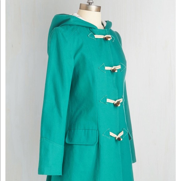 NWOT Stylish teal canvas ModCloth hooded raincoat - Picture 3 of 4